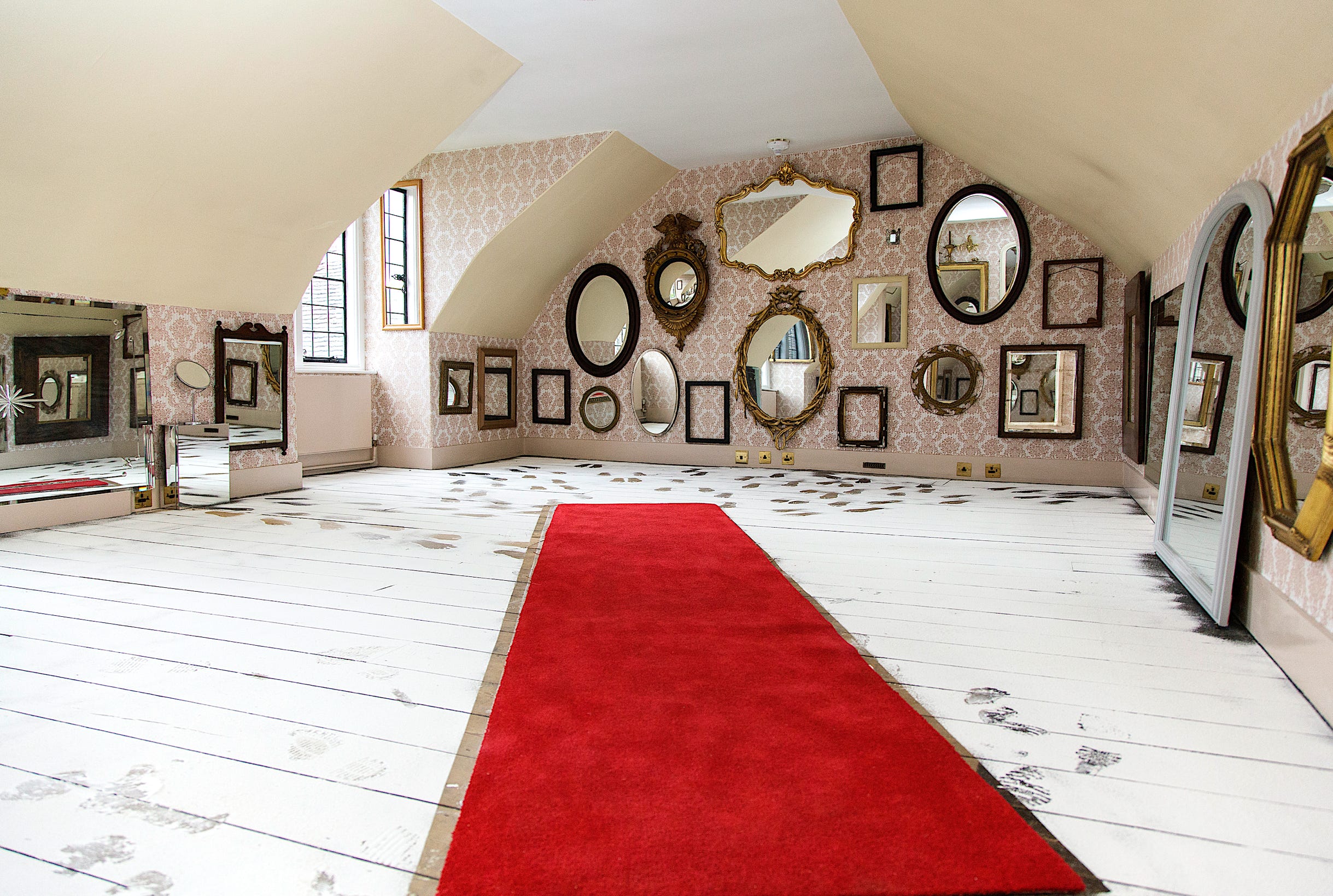 Jane Boyd,installation,artist,You Are There,2019, Marble dust, mirror, natural light Installation using mirrors from throughout the College Trinity College, Cambridge