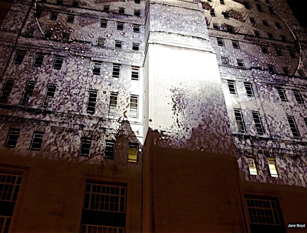 Concrete Liasions 2006 by Jane Boyd a projection on Senate House Tower, Malet Street, London in December of that year during the longest nights