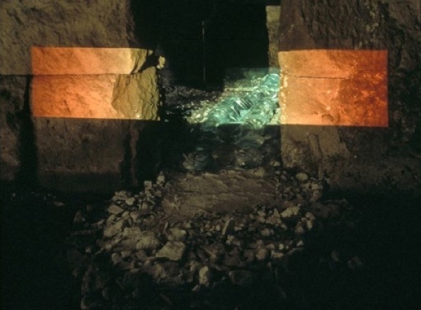 Gathering Worlds det. ii 1999, Tivoli, Italy by Jane Boyd An installation using mirror water plastic and projected slide
